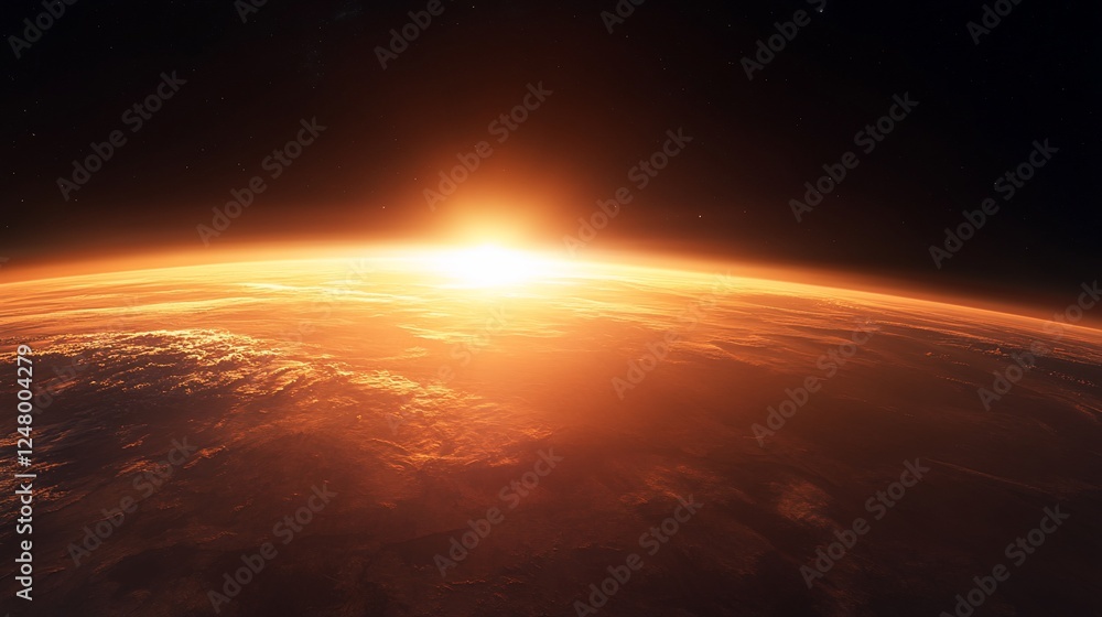 A Bright Horizon with a Fiery Sun Rising Over a Celestial Body in Deep Space A Bright Horizon with a Fiery Sun Rising Over a Celestial Body in Deep Space
