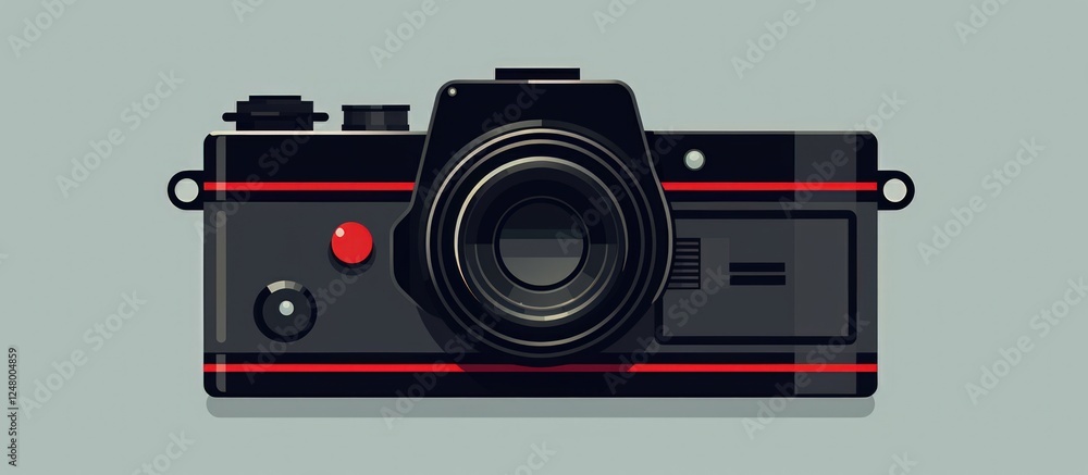 Fototapeta premium Illustration flat style of black camera with strap in color background