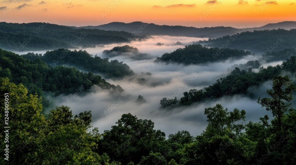 Obraz premium Misty Mountain Sunrise: A Breathtaking View of Nature's Serenity