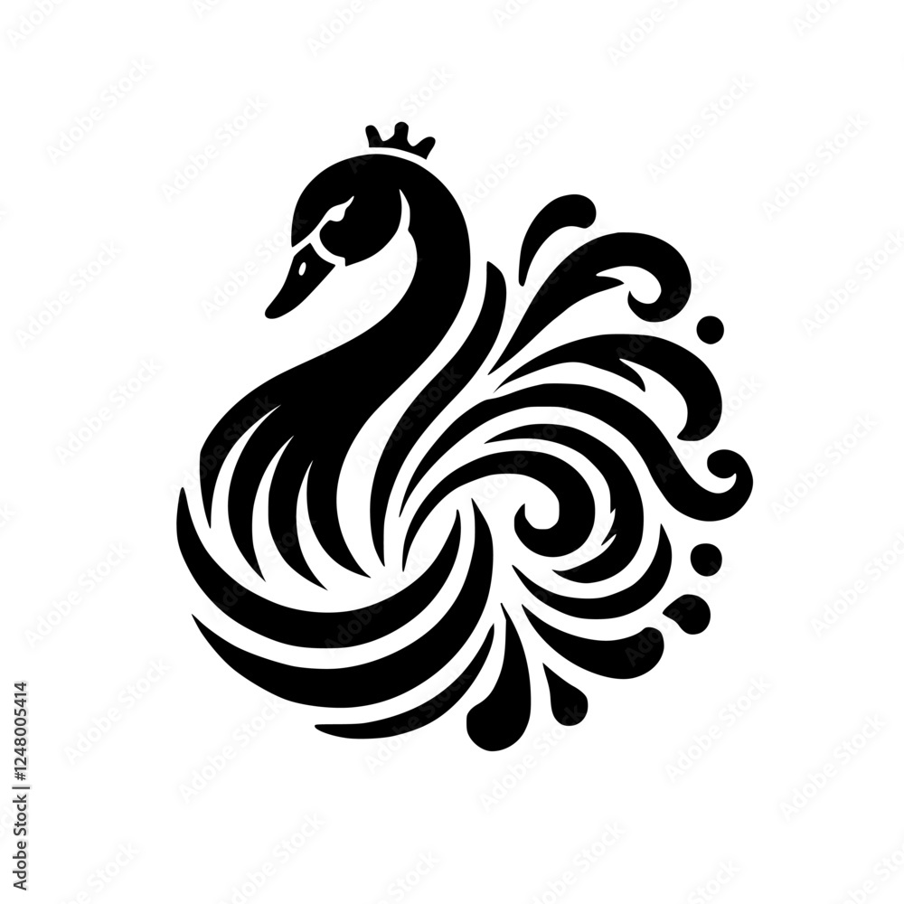 Fototapeta premium Elegant Swan's Crowned Embrace: Black & White Minimalist Design with Flowing Details