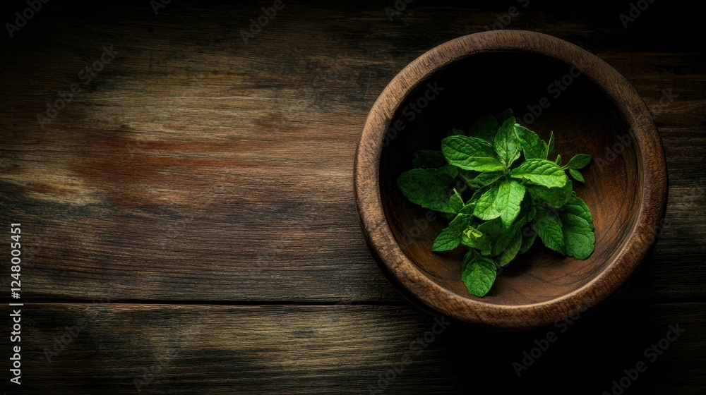 Fresh green mint leaves nestled in a wooden bowl on a dark wooden surface, ideal for culinary or herbal themes, recipes, or wellness content focusing on natural ingredients and healthy cooking, Fresh green mint leaves nestled in a wooden bowl on a dark wooden surface, ideal for culinary or herbal themes, recipes, or wellness content focusing on natural ingredients and healthy cooking,
