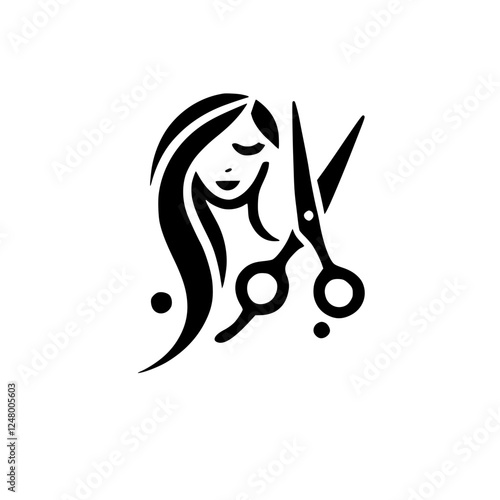Salon logo.  A stylized illustration of a woman's face intertwined with scissors, representing haircutting.