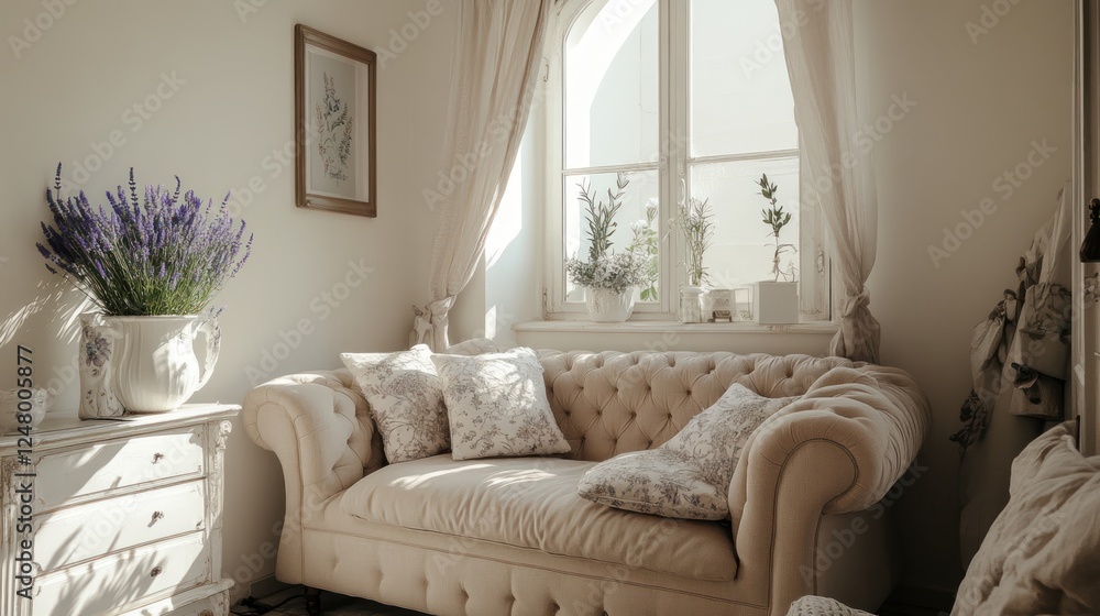 Fototapeta premium Sunlit living room with beige sofa, lavender, and window.
