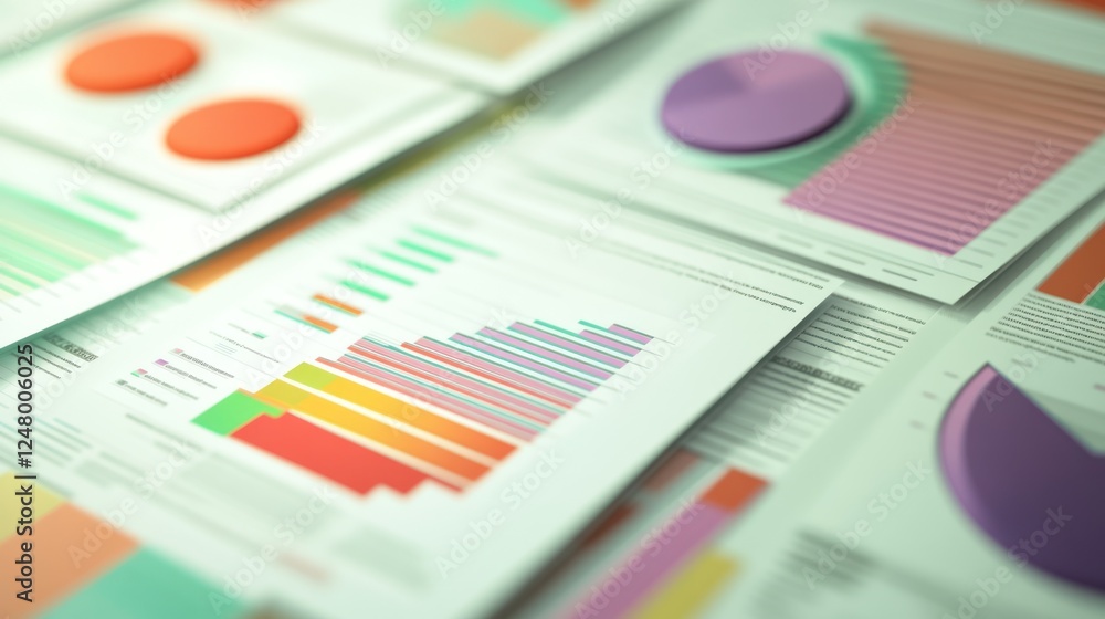 Colorful charts and graphs on papers. Colorful charts and graphs on papers.