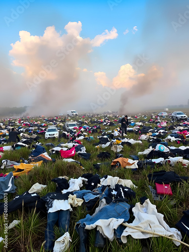 Acres of unsold clothes burning in open fields releasing toxic chemicals fast fashion destructive environmental legacy photo