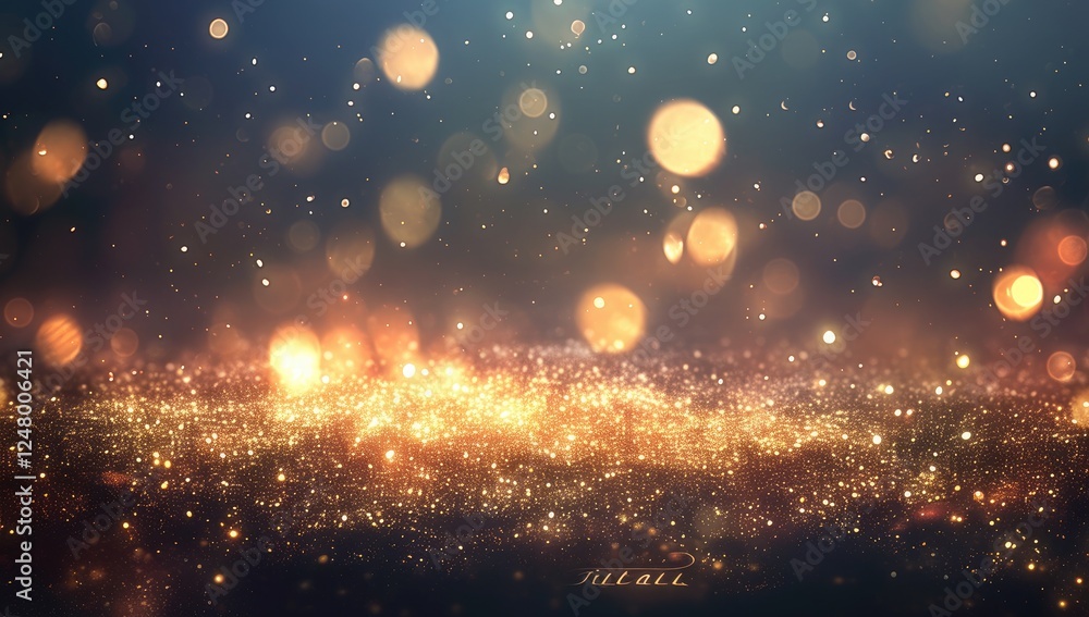 Naklejka premium Abstract background featuring golden glitter and bokeh lights, dark blue and navy gradient, creating a festive and glamorous atmosphere, with golden lights glowing at the center