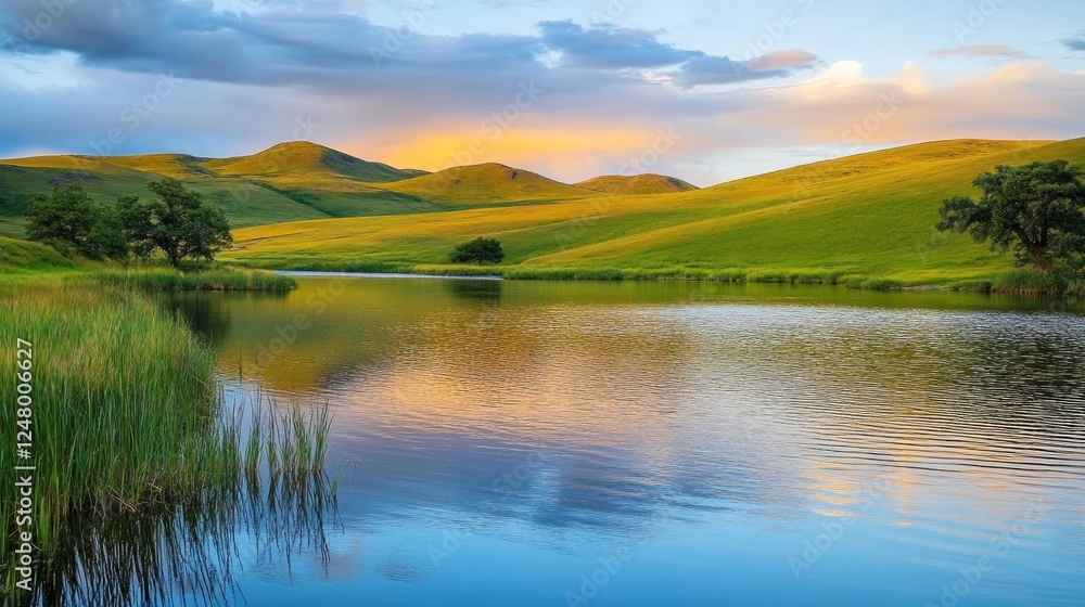 Serene Sunset Landscape: Rolling Hills Reflecting in a Calm Lake Serene Sunset Landscape: Rolling Hills Reflecting in a Calm Lake