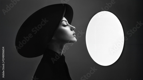 Futuristic fashion portrait of a woman in profile. Black and white. Wearing a unique hat. Minimalist composition with dramatic lighting, A circular element on the side illuminates her face.