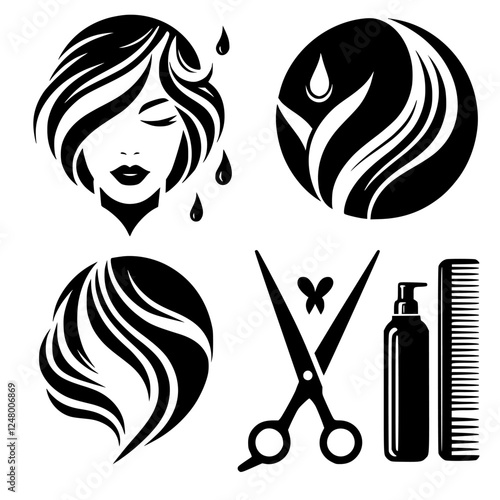 Black and White Beauty Salon Illustration: Hair and Spa Elements