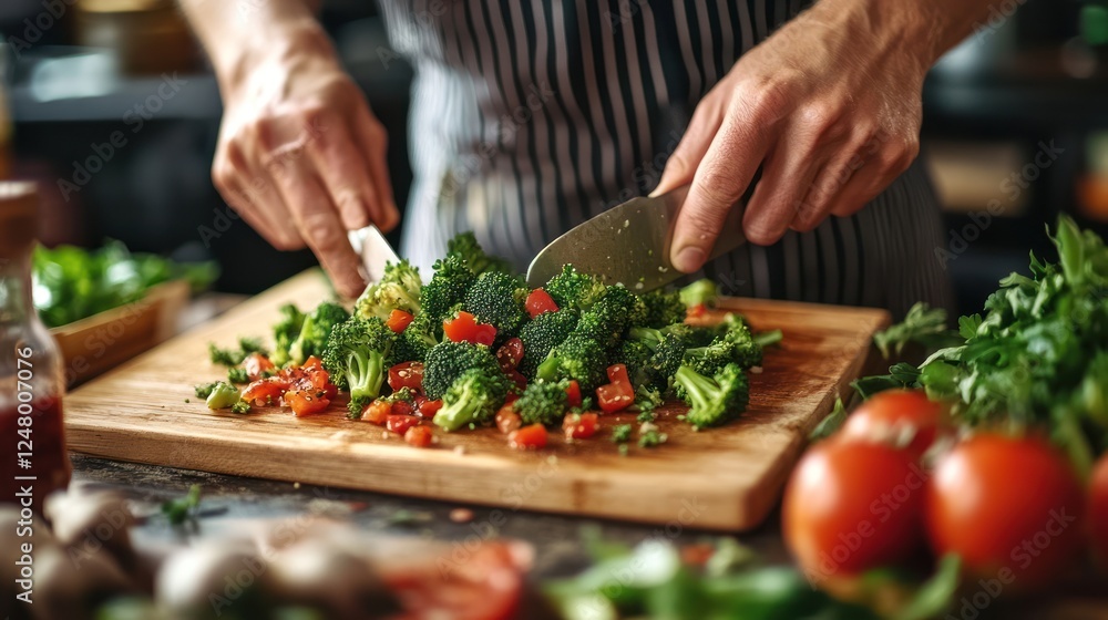 Chef chopping broccoli and tomatoes on wooden board. Chef chopping broccoli and tomatoes on wooden board.