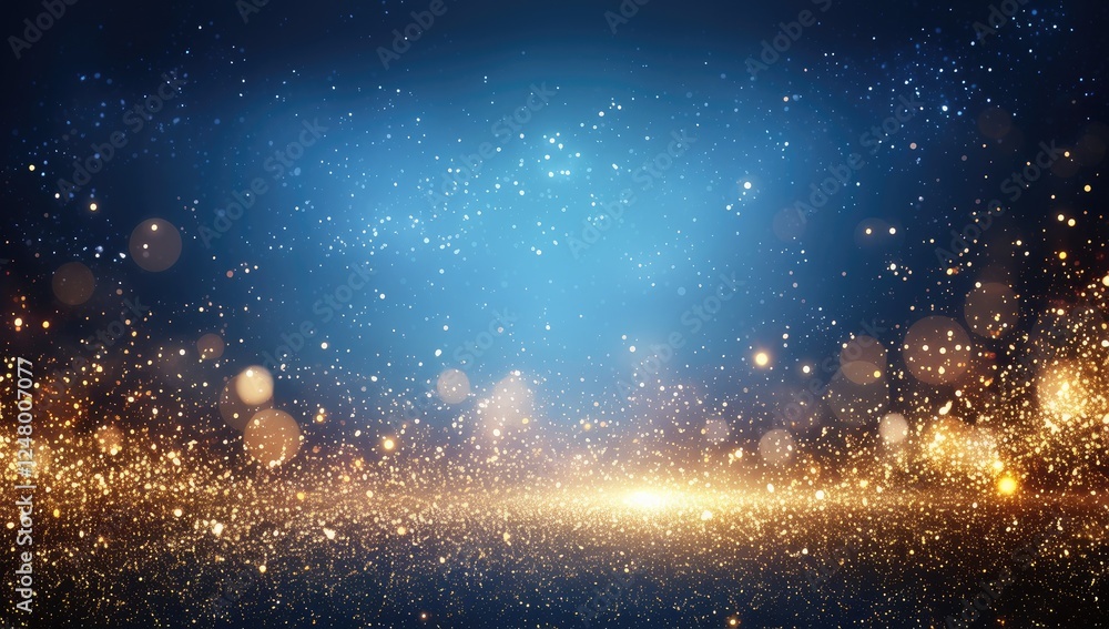 Naklejka premium Dark blue background with glittering golden particles, creating a festive and elegant atmosphere. Sparkling lights and bokeh effect