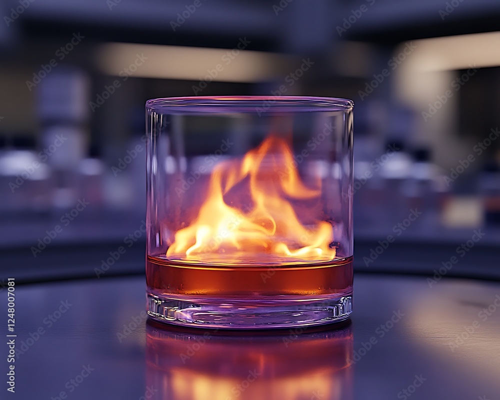 Flaming drink in glass, lab setting Flaming drink in glass, lab setting