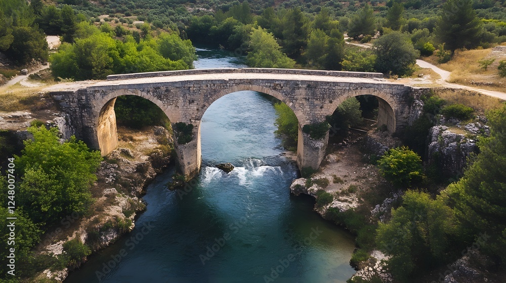 Scenic bridge over river, aerial view showcasing lush greenery, calm waters, ideal for nature and travel themes, copy-space available Scenic bridge over river, aerial view showcasing lush greenery, calm waters, ideal for nature and travel themes, copy-space available