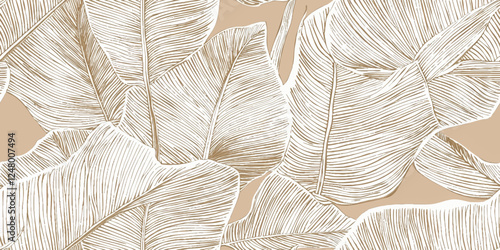 Botanical white banana leaf line art on beige brown background. Luxury natural foliage vector pattern design in minimalist linear contour simple style. Design fabric, cover, banner, invitation