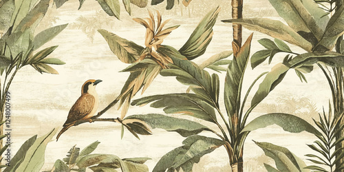 Beautiful seamless floral pattern with rainforest with birds, a banana tree and palm leaves in beige and green tones, with tropical bright palm leaves and exotic plants. Watercolor wallpaper