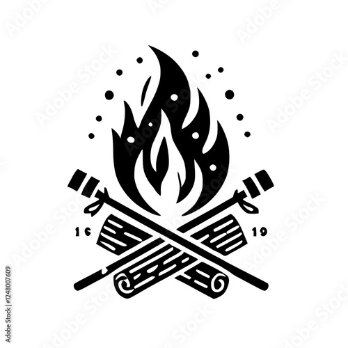 Campfire Black Logo: A stylized minimalist illustration of fire over crossed logs.