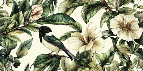 Tropical vintage wild pattern, banana tree, exotic flowers and bird floral seamless border beige background. Exotic abstract jungle Vector wallpaper