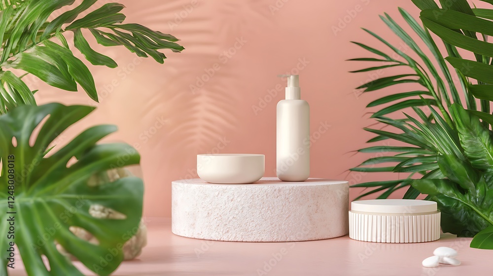 Tropical Beauty Product Display: Creamy Lotion, Jar, and Lush Greenery on a Pink Background Tropical Beauty Product Display: Creamy Lotion, Jar, and Lush Greenery on a Pink Background