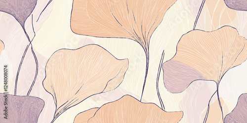 Elegant ginkgo leaves Vector seamless pattern with soft purple lilac and orange colors, pattern and intricate details for a refined look , fabric, delicate, nature