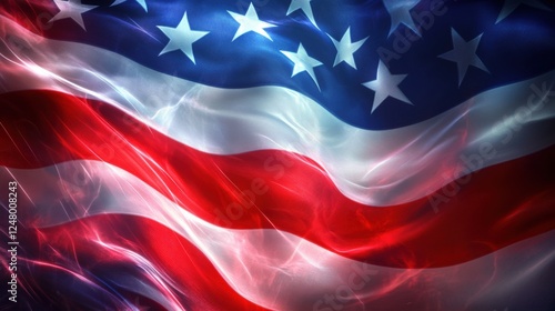 a dynamic abstract background featuring flowing red, white, and blue ribbon-like waves, symbolizing the motion of the American flag and the spirit of unity and leadership.