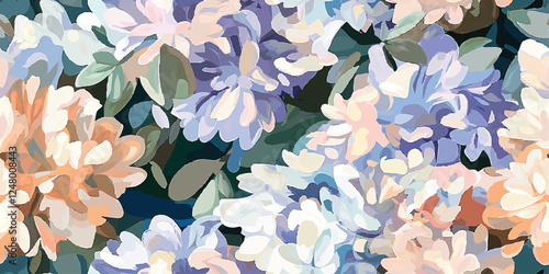 Floral abstract vintage seamless vector pattern, bouquet pattern, featuring repeating flowers in lilac, blue, and pale coral, gouache painting, brush strokes, Design fabric, cover, banner, invitation