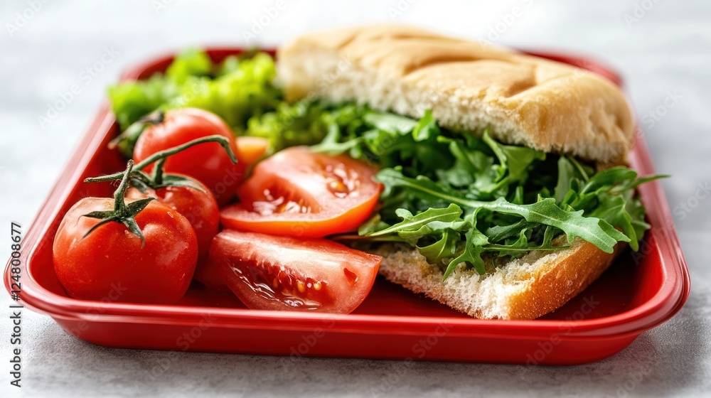 Healthy vegetarian sandwich with tomatoes and arugula on a red tray. Healthy vegetarian sandwich with tomatoes and arugula on a red tray.