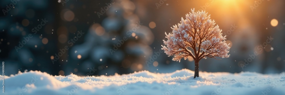 Miniature tree in warm cozy atmosphere with snowflakes, warm, small Miniature tree in warm cozy atmosphere with snowflakes, warm, small