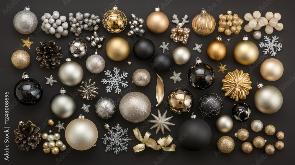 Flat lay of assorted gold, silver, and black Christmas ornaments on black background. Flat lay of assorted gold, silver, and black Christmas ornaments on black background.