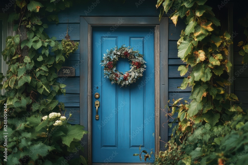 Blue door with autumn wreath, surrounded by lush greenery. Blue door with autumn wreath, surrounded by lush greenery.