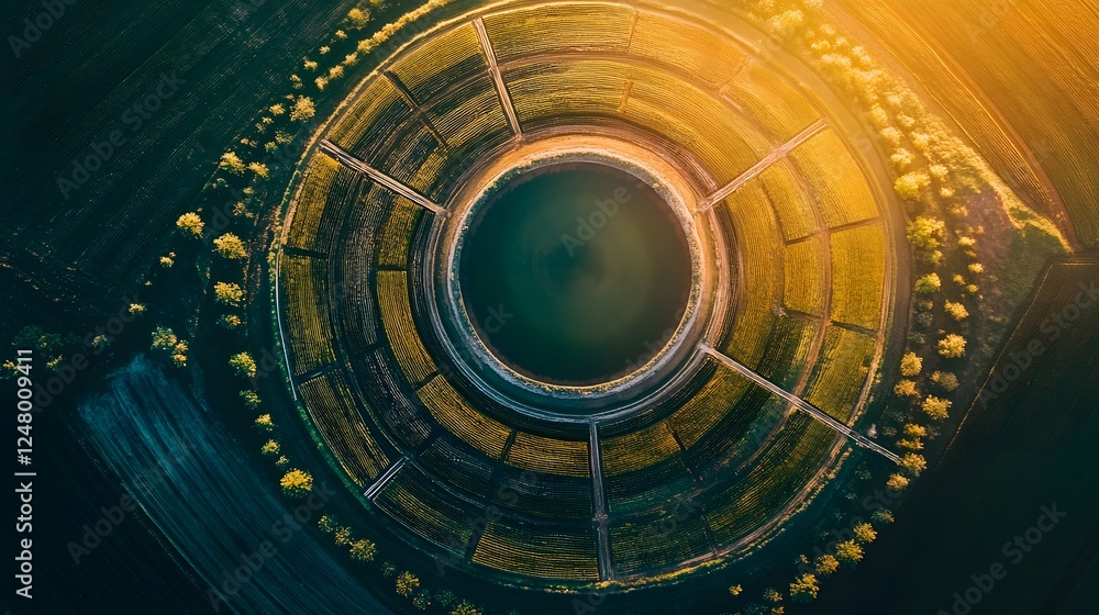 Obraz premium Futuristic digital interface, vibrant glowing circular patterns with data elements, tech innovation for presentations and designs.