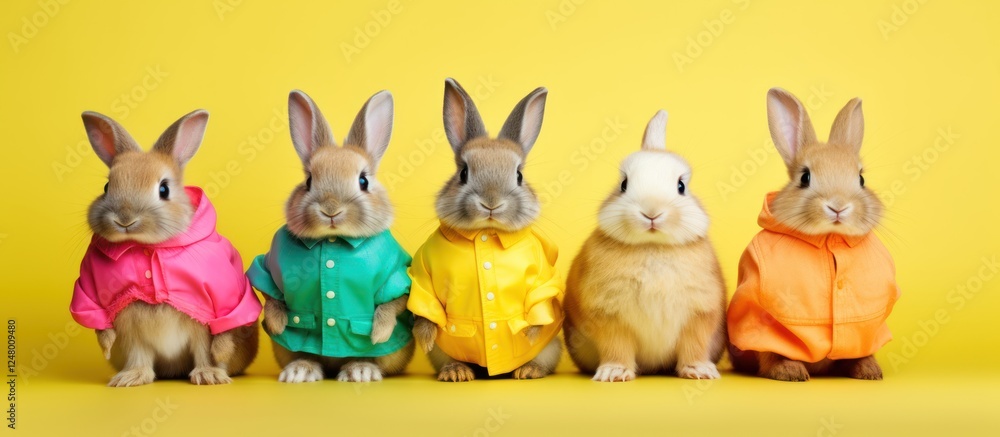 Obraz premium Fashionable rabbits in colorful shirt isolated pastel background