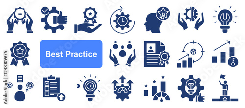 Best Practice icon. Standards Compliance, Excellence Model, Benchmarking Process, Optimal Performance, Quality Assurance, Effective Strategies and Proven Methodsm icon web banner