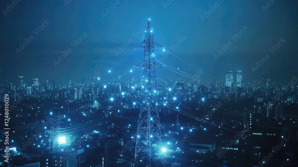 Fototapeta premium Power Grid with Electric Towers Illuminated by City Lights at Night