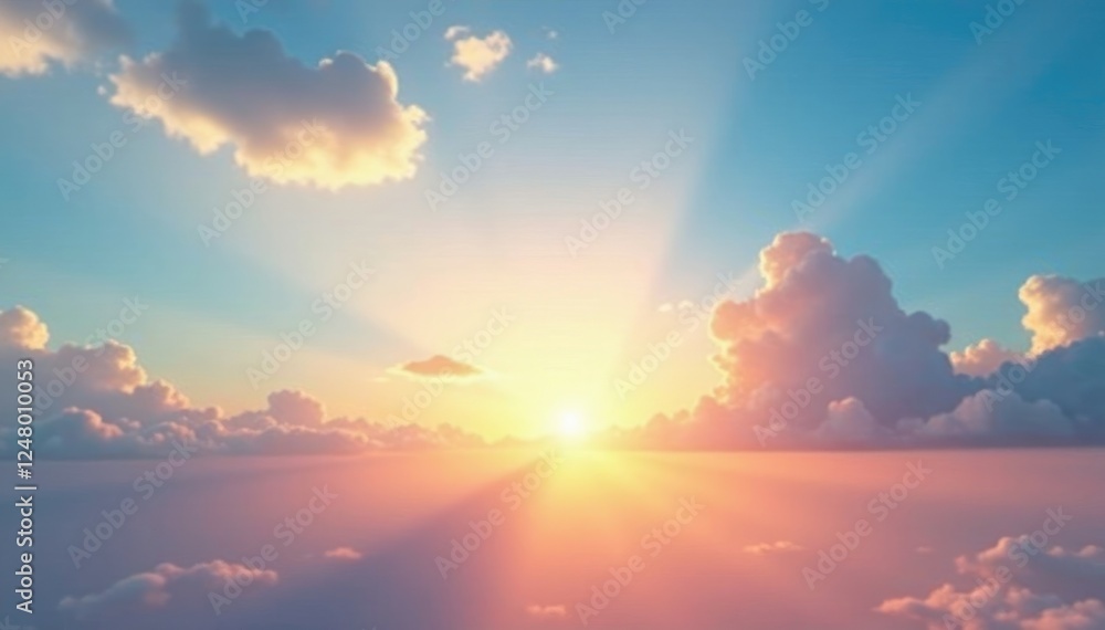 Fototapeta premium Gentle dawn sky with wispy clouds and sun rays breaking through, cloudy, serene sky, gentle hues