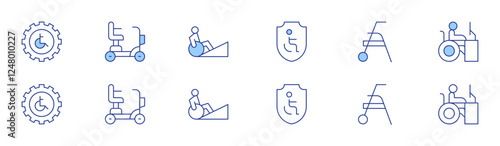 Disability icon set in two styles, Duotone and Thin Line style. Editable stroke. accessibility, wheelchair, ramp, protection, handicapped, worker