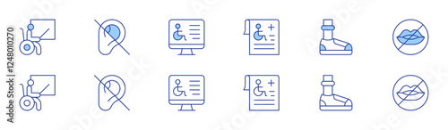 Disability icon set in two styles, Duotone and Thin Line style. Editable stroke. report, prothesis, teacher, deafness, website, dumb