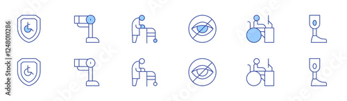 Disability icon set in two styles, Duotone and Thin Line style. Editable stroke. shield, blind, bionic leg, worker, prosthesis, walker