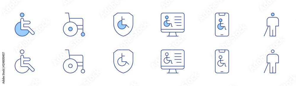 Disability icon set in two styles, Duotone and Thin Line style. Editable stroke. toilet, wheelchair, website, smarphone, shield, blind Disability icon set in two styles, Duotone and Thin Line style. Editable stroke. toilet, wheelchair, website, smarphone, shield, blind