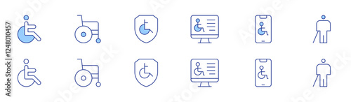 Disability icon set in two styles, Duotone and Thin Line style. Editable stroke. toilet, wheelchair, website, smarphone, shield, blind