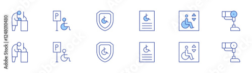 Disability icon set in two styles, Duotone and Thin Line style. Editable stroke. walker, poster, disabled sign, bionic leg, parking, shield