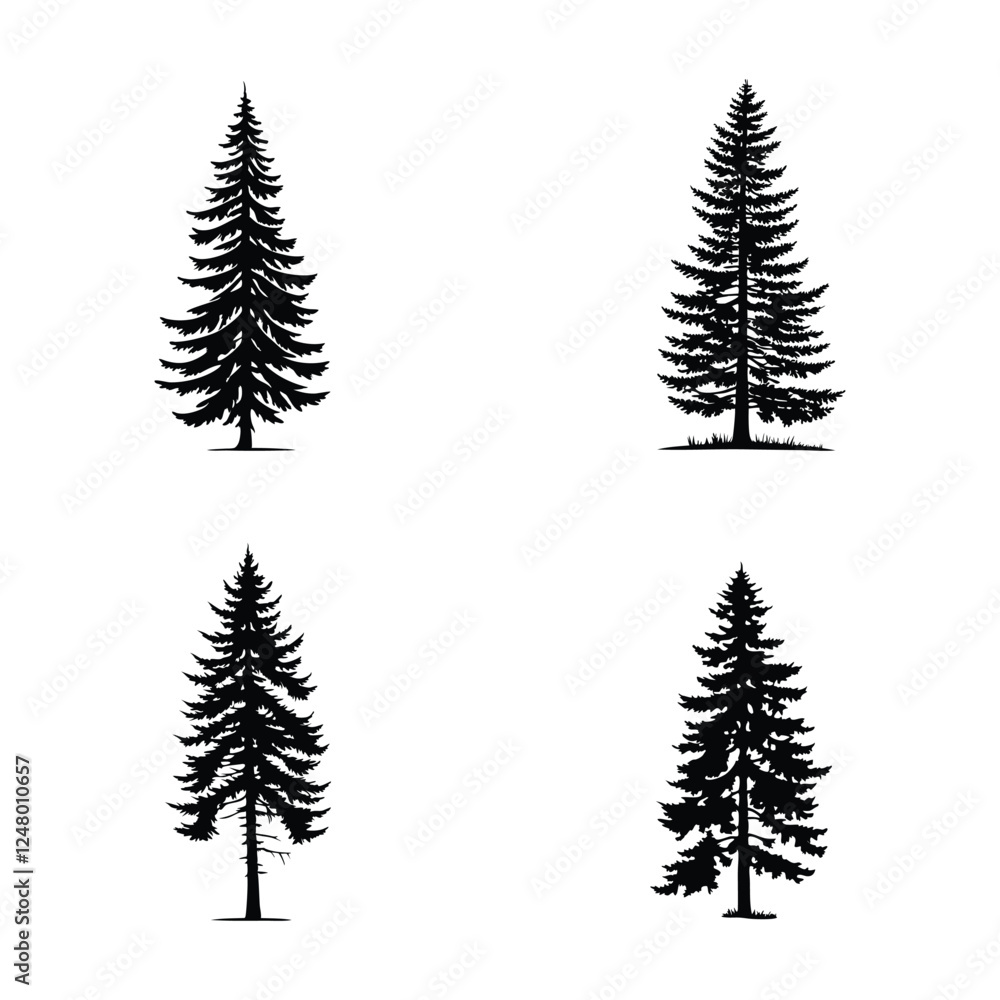 Obraz premium Pine Tree Silhouettes Collection – Vector Illustration of Woodland Trees, Nature Elements, and Outdoor Landscape