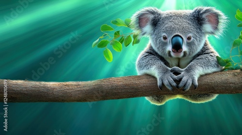 Adorable Koala on Branch in Lush Green Forest photo