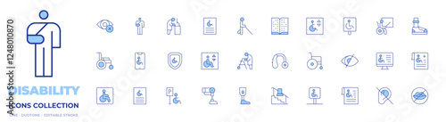 Disability icons collection. Line Duotone style, editable stroke. wheelchair, stairs, disabled sign, handicapped, disability, bionic leg, hearing aid, smarphone, parking, shield, poster, prosthesis