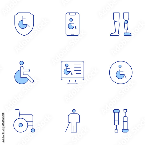 Disability icons set. Line Duotone style, editable stroke. prosthetic, toilet, wheelchair, crutches, disabled, website, smarphone, shield, blind