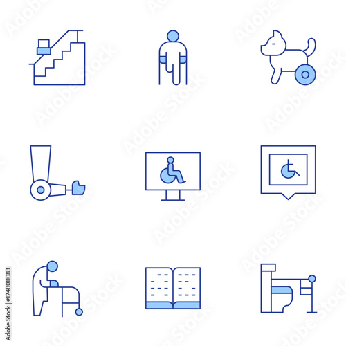 Disability icons set. Line Duotone style, editable stroke. stair, prothesis, disabled person, walker, toilet, braille, disabled, computer