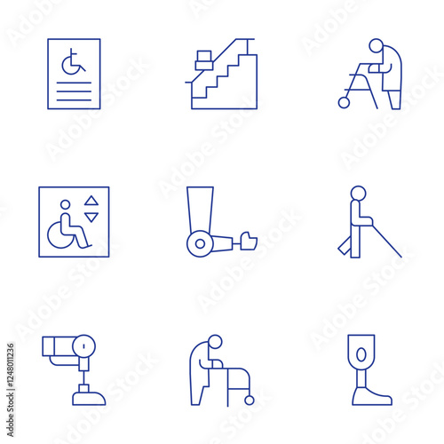Disability icons set. Thin Line style, editable stroke. stair, prothesis, walker, poster, disabled sign, handicapped, bionic leg, blind, prosthesis