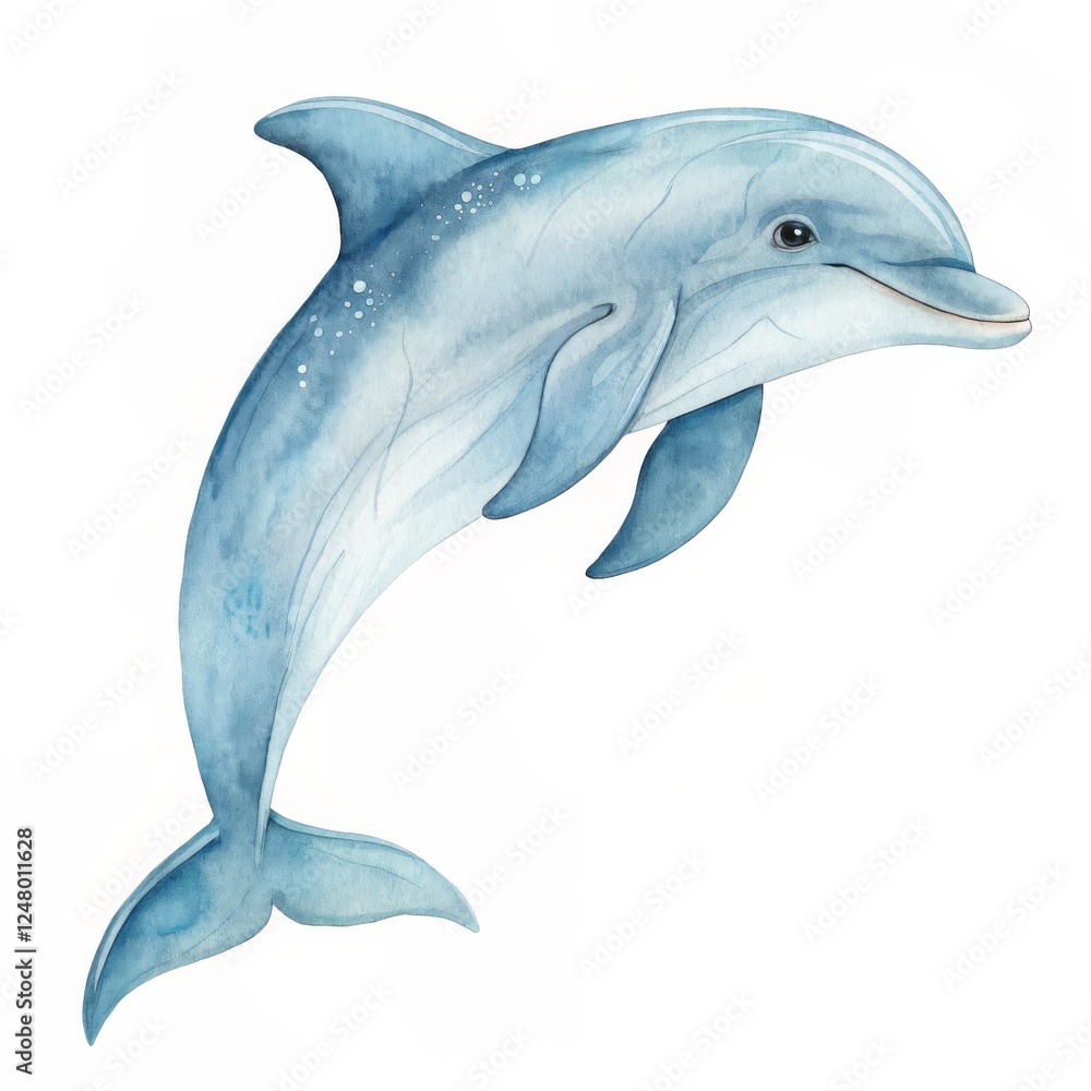 Obraz premium Watercolor Dolphin Painting Leaping Pose, Blue Hues, Marine Animal Art, Dolphin illustration, Aquatic Wildlife Dolphin, Watercolor painting