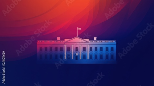 smooth gradient background transitioning from blue to red, with a subtle white silhouette of the White House in the center, creating a symbolic and modern President’s Day design