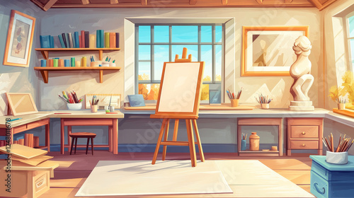 Wallpaper Mural Night art studio room with easel interior paint set. Artist workshop class isolated furniture clipart vector illustration. Drawing school classroom cartoon design with sculpture, frame and books icon Torontodigital.ca