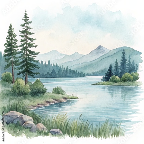Watercolor Lakeside Mountai...